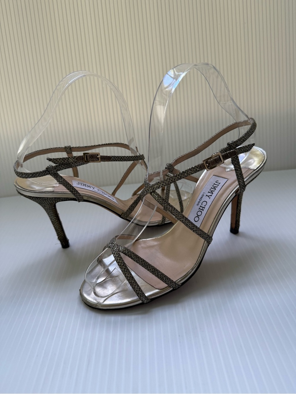 Jimmy Choo Glitter-Strap High Heel Sandals in Metallic Silver Size 36